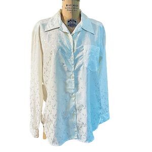 Vintage White Self Patterned Long sleeve satin Blouse size medium